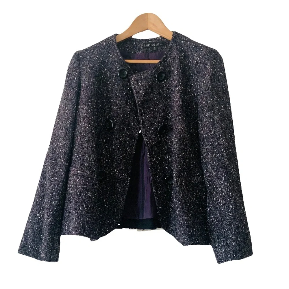 Lafayette 148 Round Neck Tweed Blazer Jacket Women Sz 12 Purple Academia Preppy